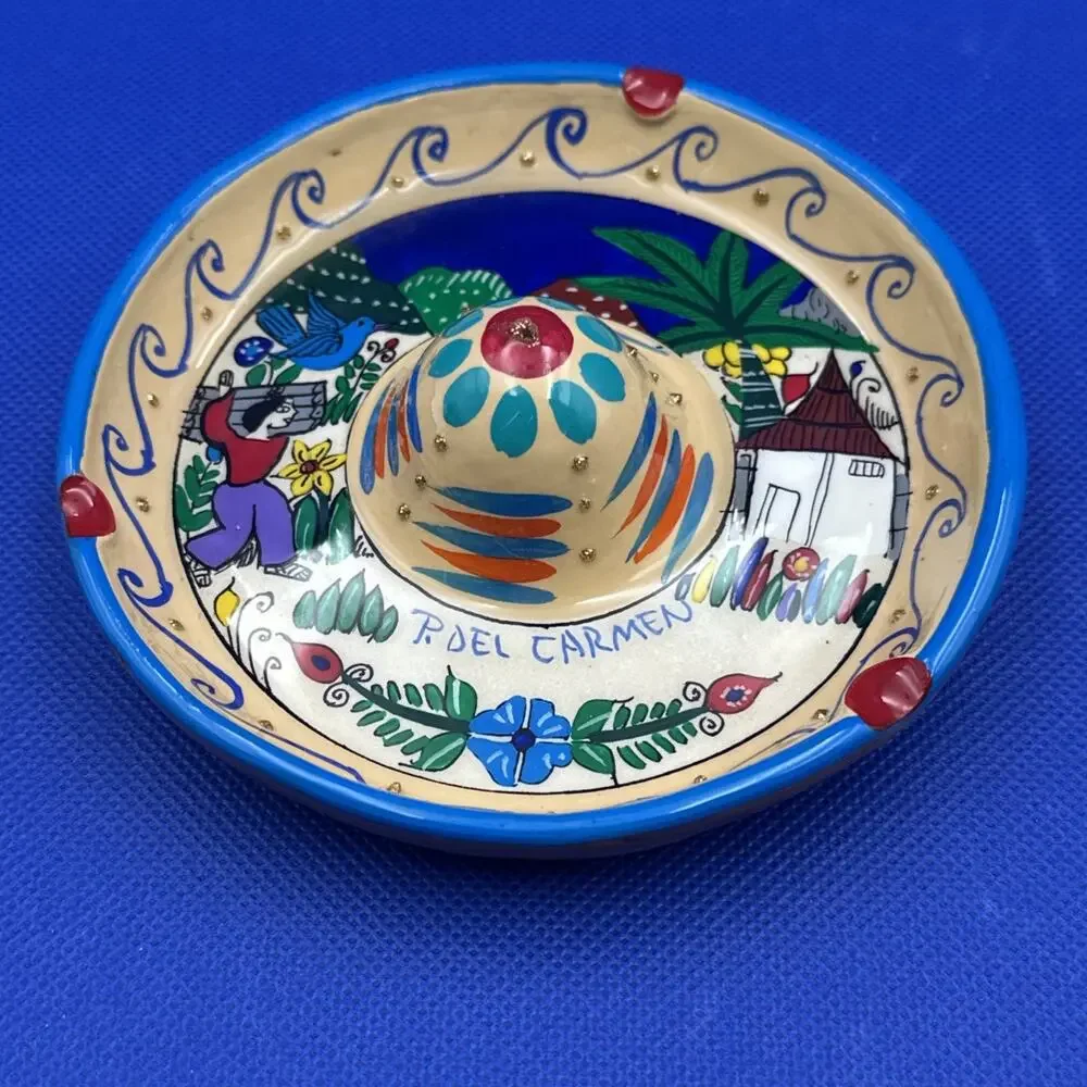 Sombrero Ashtray Clay Pottery Hand-Painted Artist Marked Mexico Colorful Hat‎